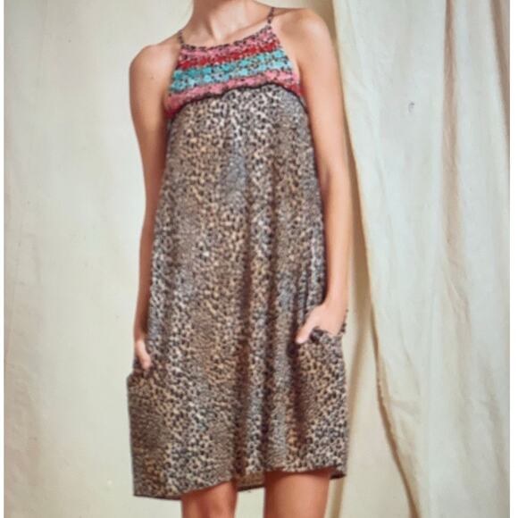 Savanna Jane Shift Dress w Pockets Medium Leopard Embroidered Floral Mini Animal - Picture 4 of 11